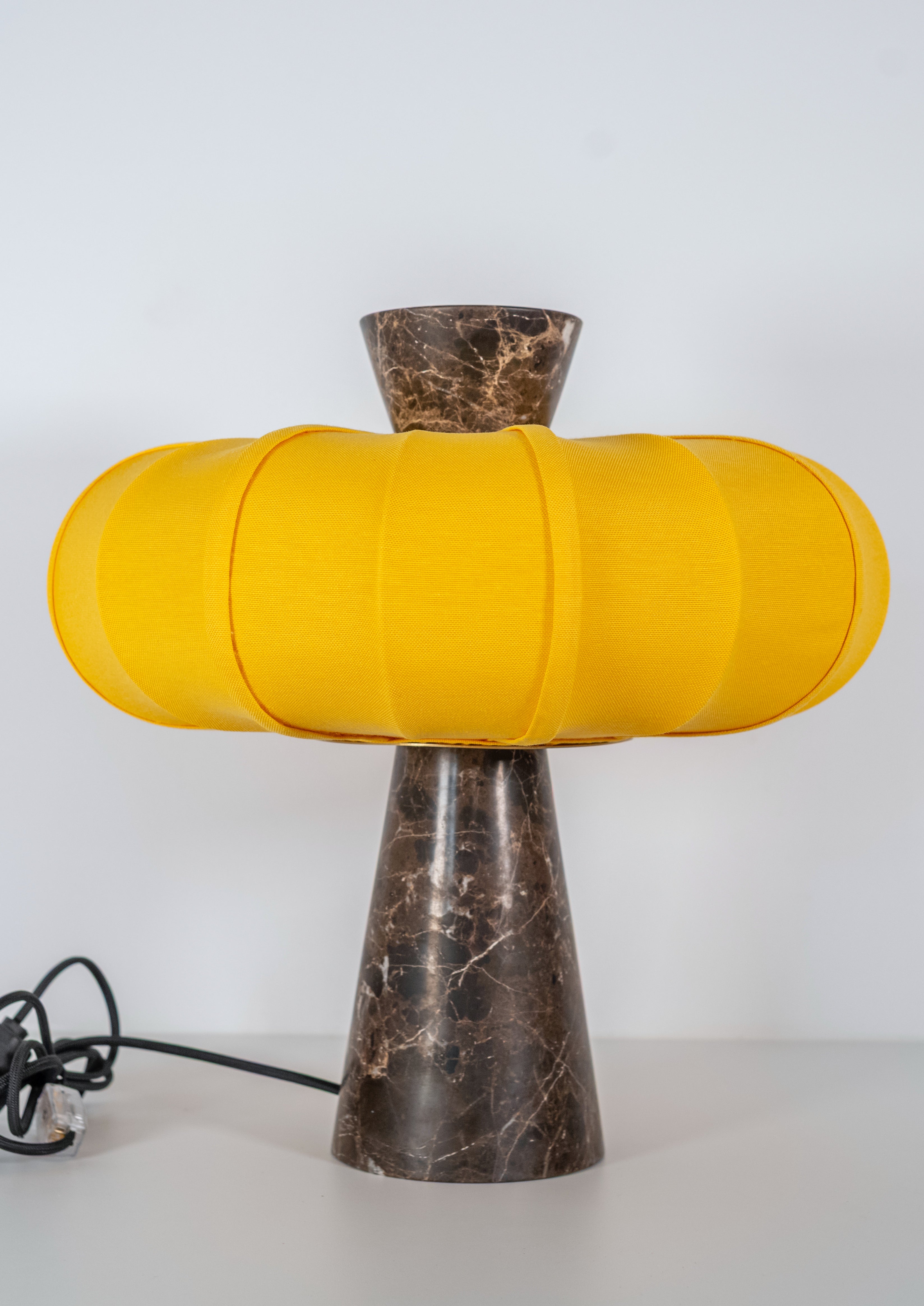 Andorra Table Lamp 2.0 | Emperador Brown Marble, Cadmium Yellow Cotton Shade